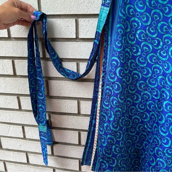 Boho Reversible Silk Wrap Skirt Blue & Peach Print – Made in India One Size - Picture 5 of 10